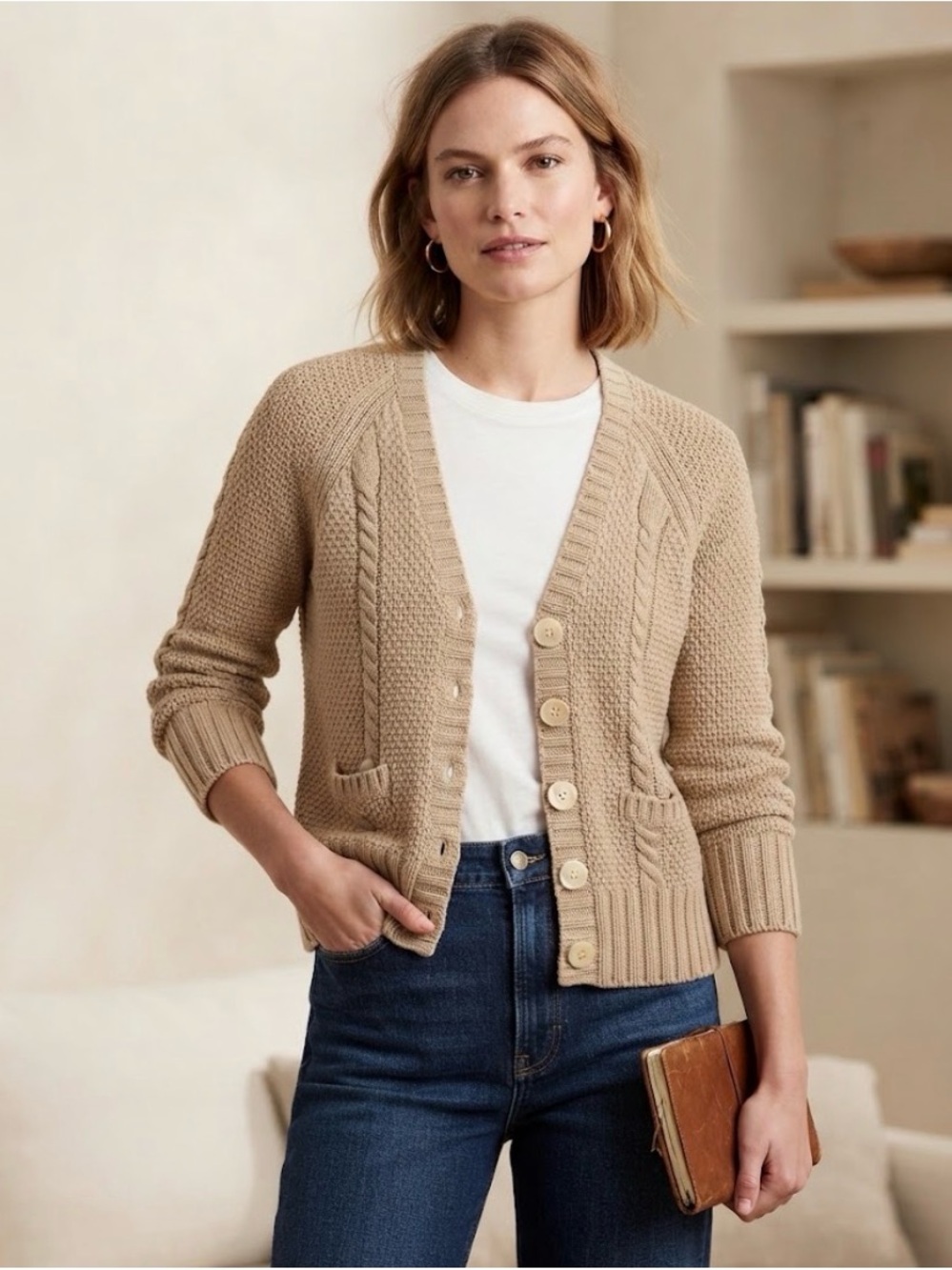 Banana Republic Beige Cable-Knit Button Cardigan